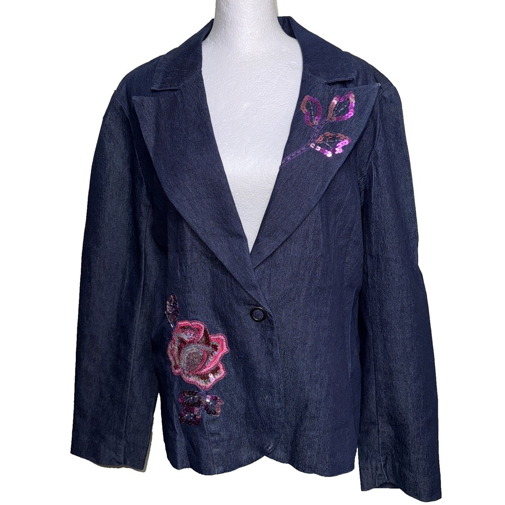 Victor Costa Occasion Denim Blazer‎ Jacket Floral Rose Sequin Artsy S Vintage